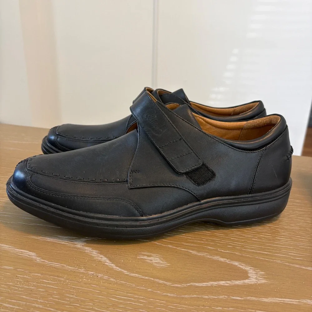Dr Comfort Frank Black Leather Hook and Loop Dress Shoes Mens 10.5W 6210 Wide